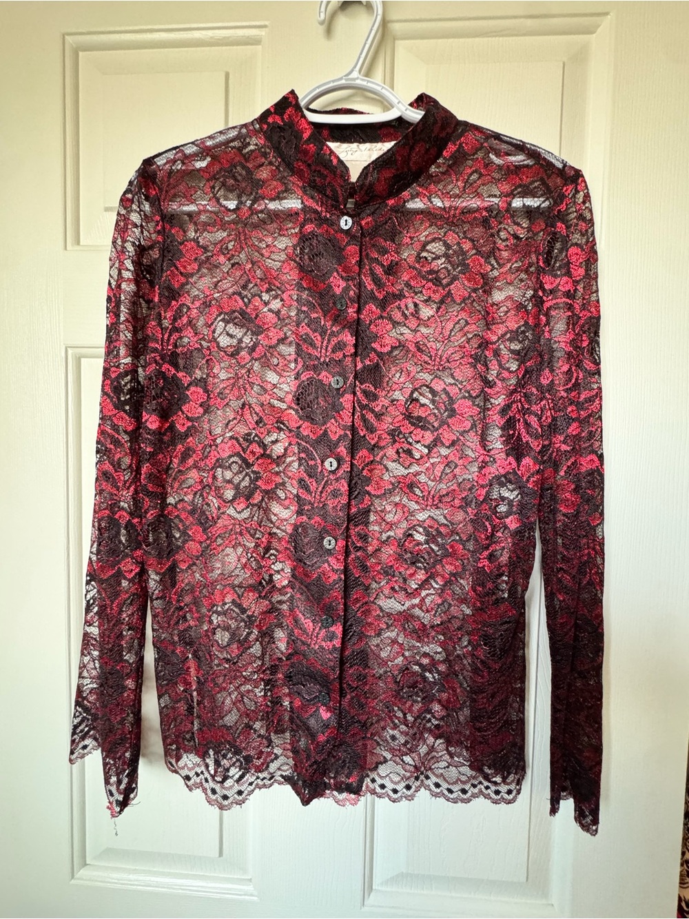 VINTAGE Black and Red Sheer Floral Lace Button-Up Blouse small to medium